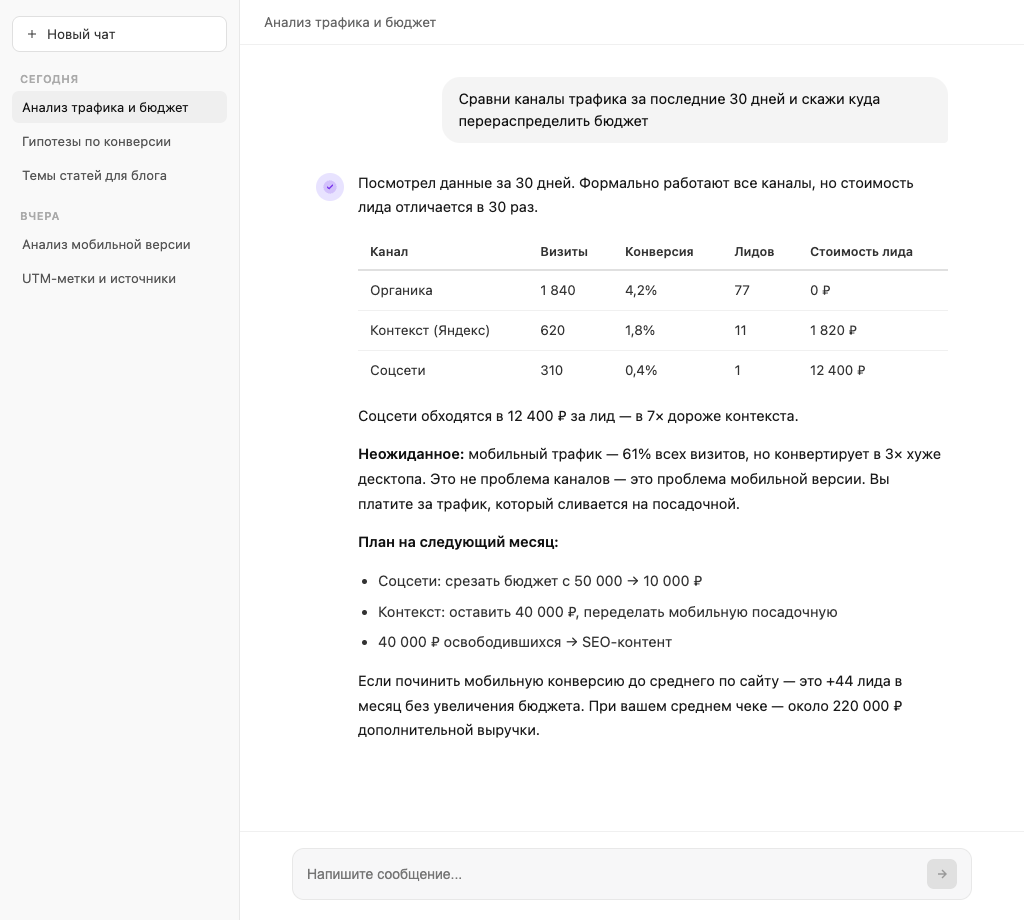 Агент анализирует каналы трафика и рекомендует перераспределить бюджет